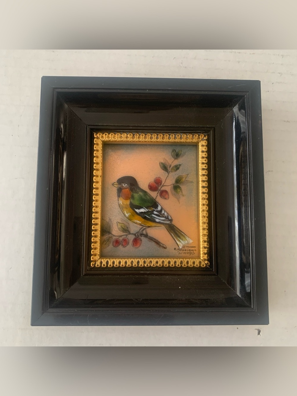 Limoges Paint Bird On Branch Signed R. Bonhomie Hand Painted Frame 4.5x4.5 inch